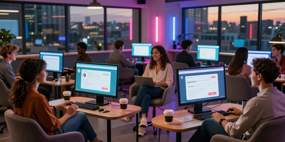 Engaged users interacting with SpicyChat AI in a tech lounge.