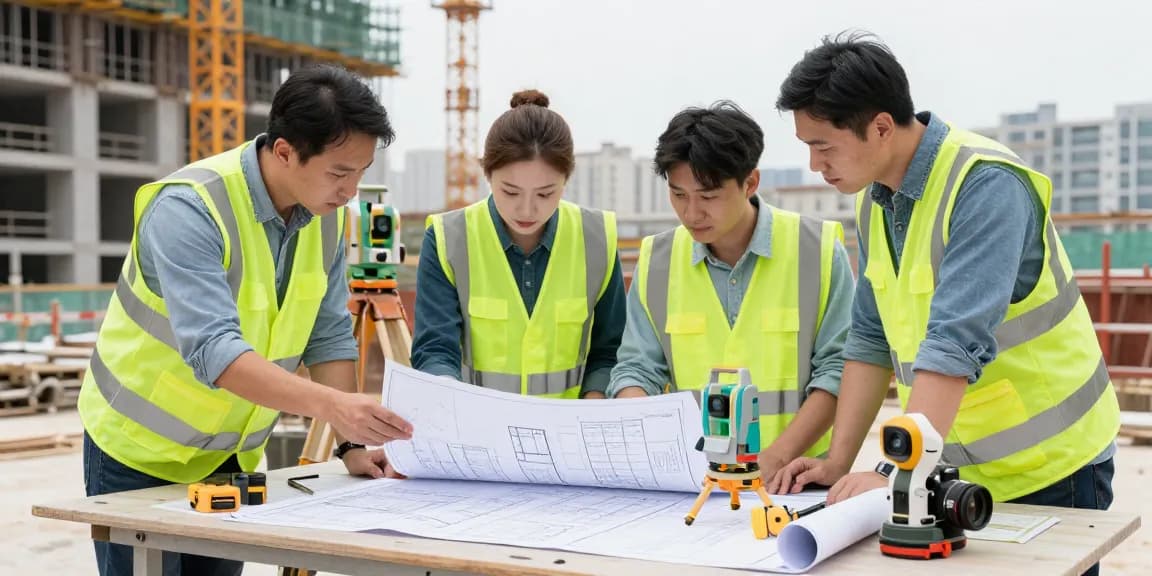 Surveyors as we all surveys collaborate on building projects with precise equipment at urban site.