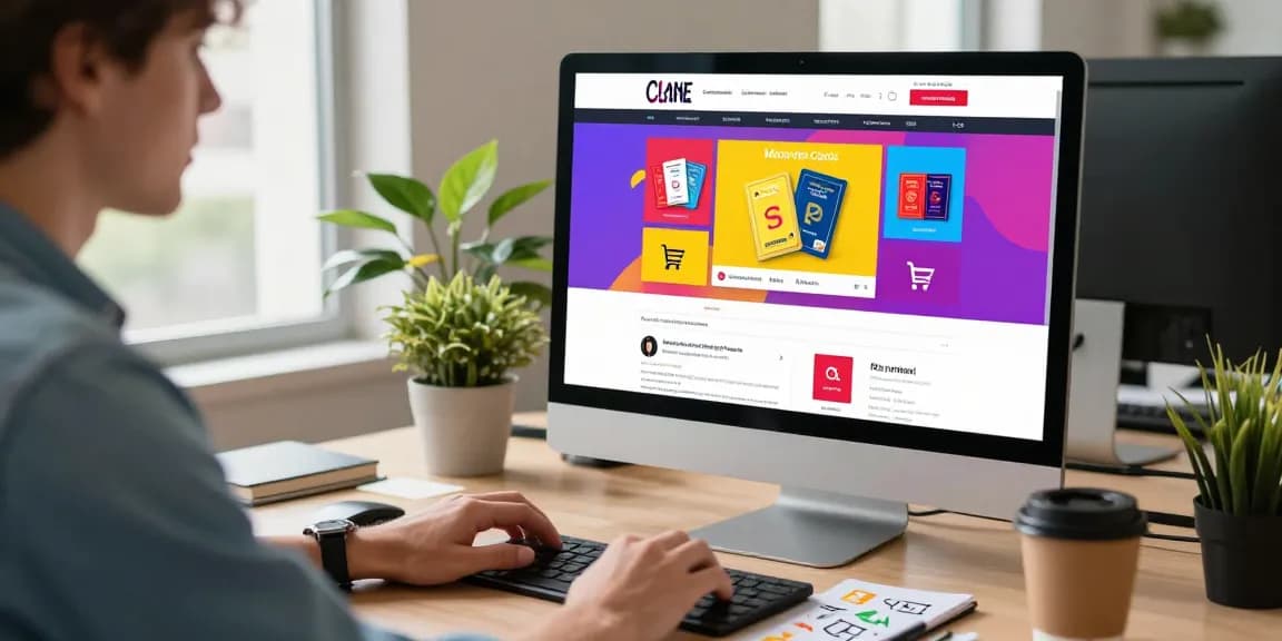 Online shopping for clone cards in a modern workspace, showcasing a vibrant e-commerce platform and engaging atmosphere.