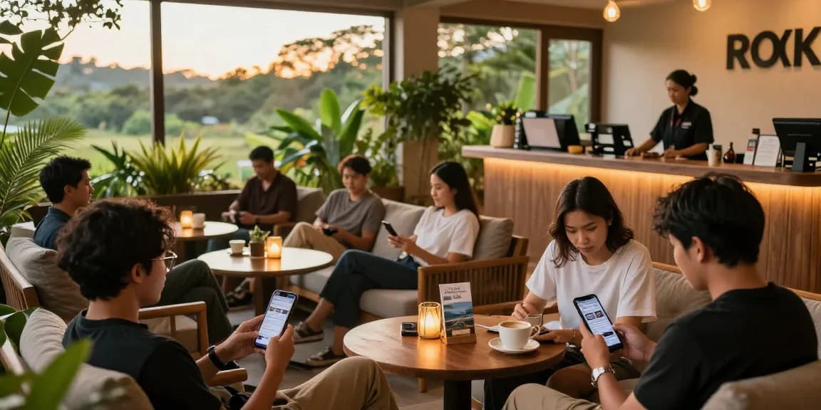 Relaxing scene at ROKOK88 with travelers enjoying coffee and rokok88 slot login check-in