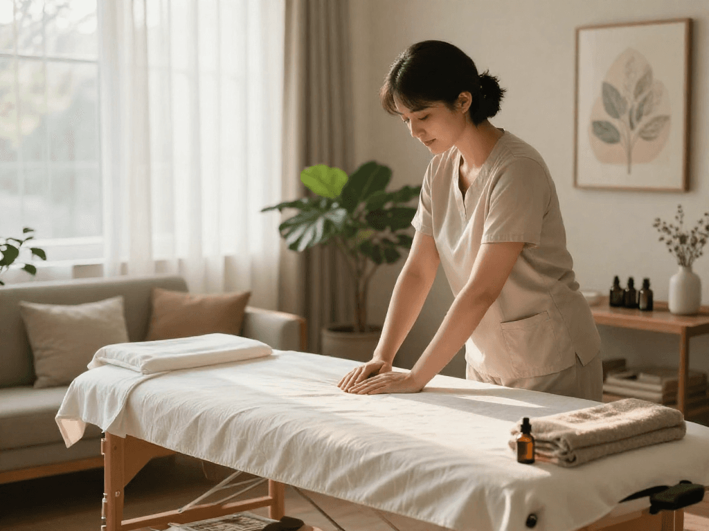 양천구출장마사지 in a peaceful home setting with a professional therapist preparing for a soothing massage.