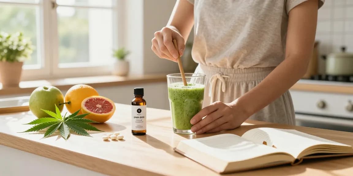 thc vape juice displayed alongside CBD oil and fresh ingredients in a bright wellness kitchen.