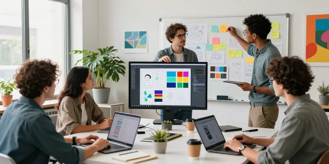 Collaborative workspace featuring a team using google mixboard for brainstorming and ideation on a digital canvas.