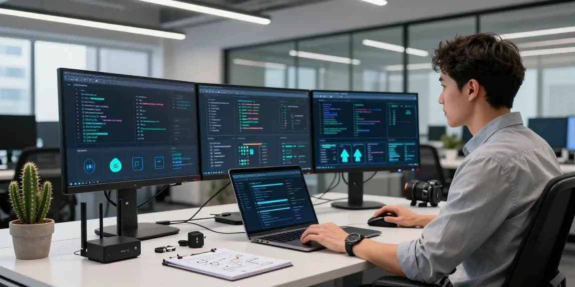 Cyber essentials compliance in a modern cybersecurity office with an analyst using multiple monitors and security software.