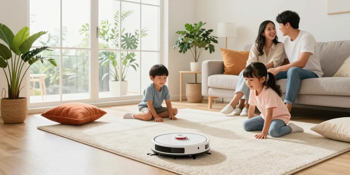 Family enjoying clean living room while best robot vacuum 2026 quietly operates, highlighting modern home convenience.