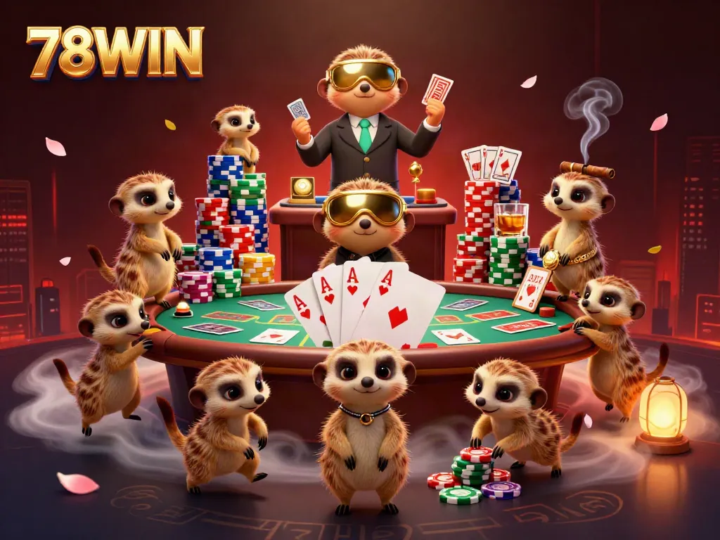 Experience exhilarating bets at 78WIN Casino with animated meerkats in a vibrant gaming environment.