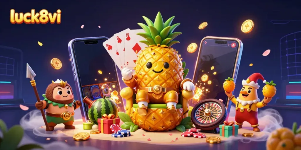 Experience the excitement of online gaming at luck8vi with a vibrant casino scene featuring a pineapple king.