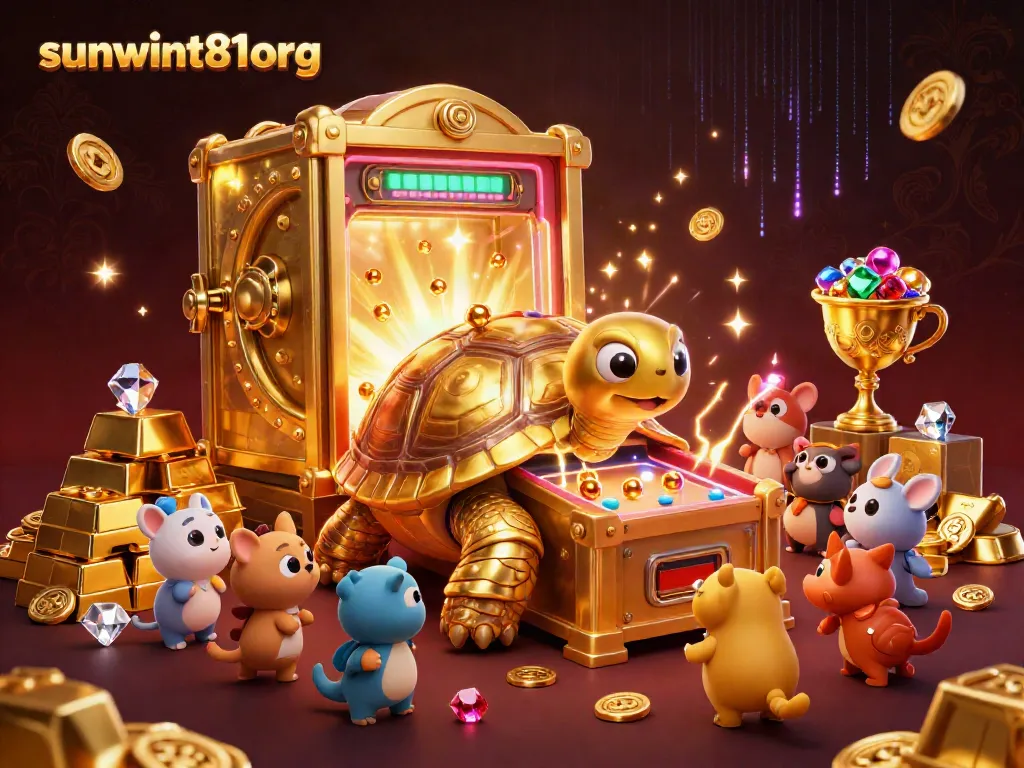 Engage with the vibrant scene at sunwint81org featuring a colossal golden tortoise pinball machine amidst a treasure vault of riches.