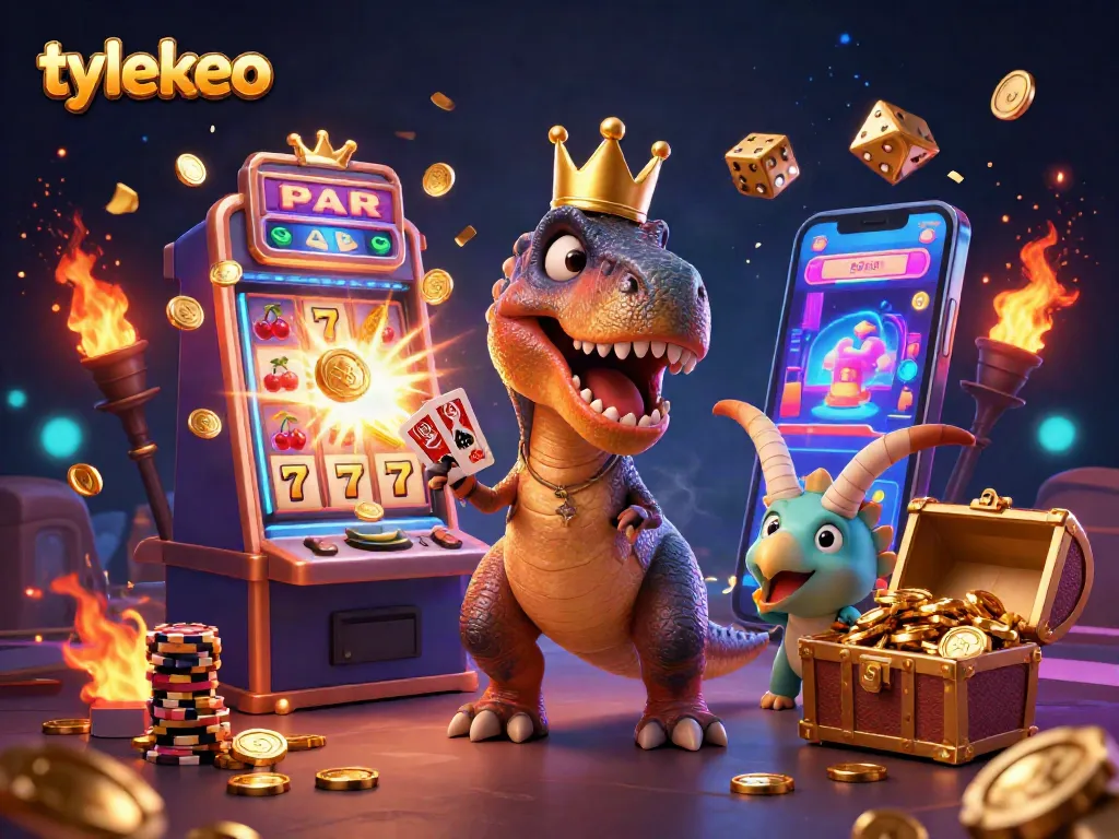 Engaging tylekeo casino scene with cartoon dinosaurs showcasing dynamic gameplay, vibrant casino elements.