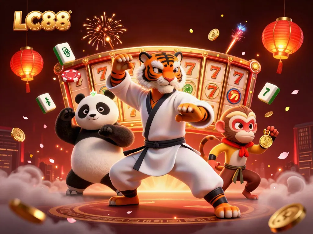 LC88-themed casino scene with cartoon kung fu characters amidst vibrant gaming elements.