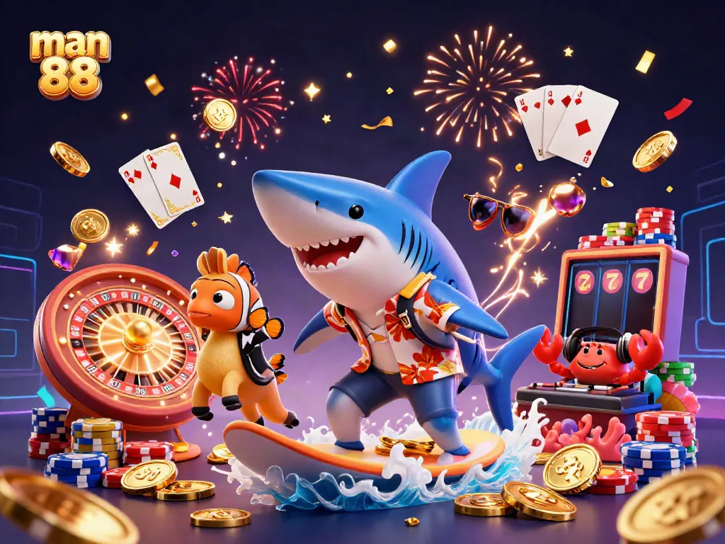 Experience the excitement of man 88 with a vibrant 3D casino scene featuring a surfing shark and DJ crab.