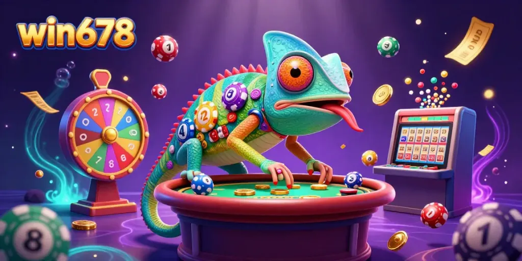 Engage with win678's vibrant chameleon casino owner in a lively 3D illustration, surrounded by dynamic casino elements.
