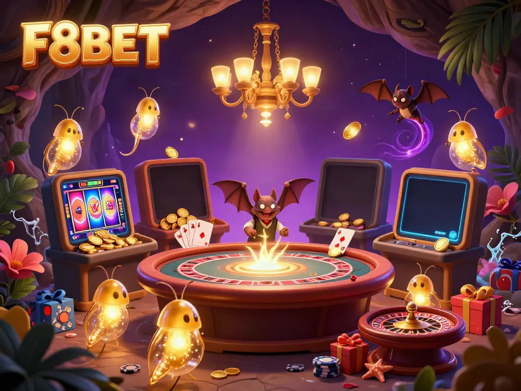 Experience F8BET's thrilling cave casino with glowing glowworms and dynamic game elements.