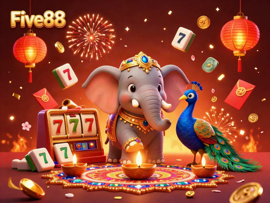 Experience exhilarating gaming moments at Five88 with festive casino elements and a vibrant elephant.