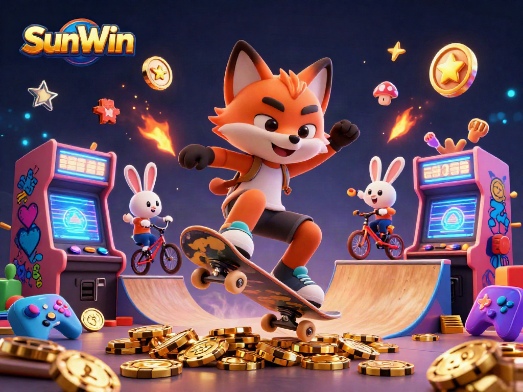 Experience the thrill of SunWin with vibrant characters performing casino tricks in a dynamic 3D scene.