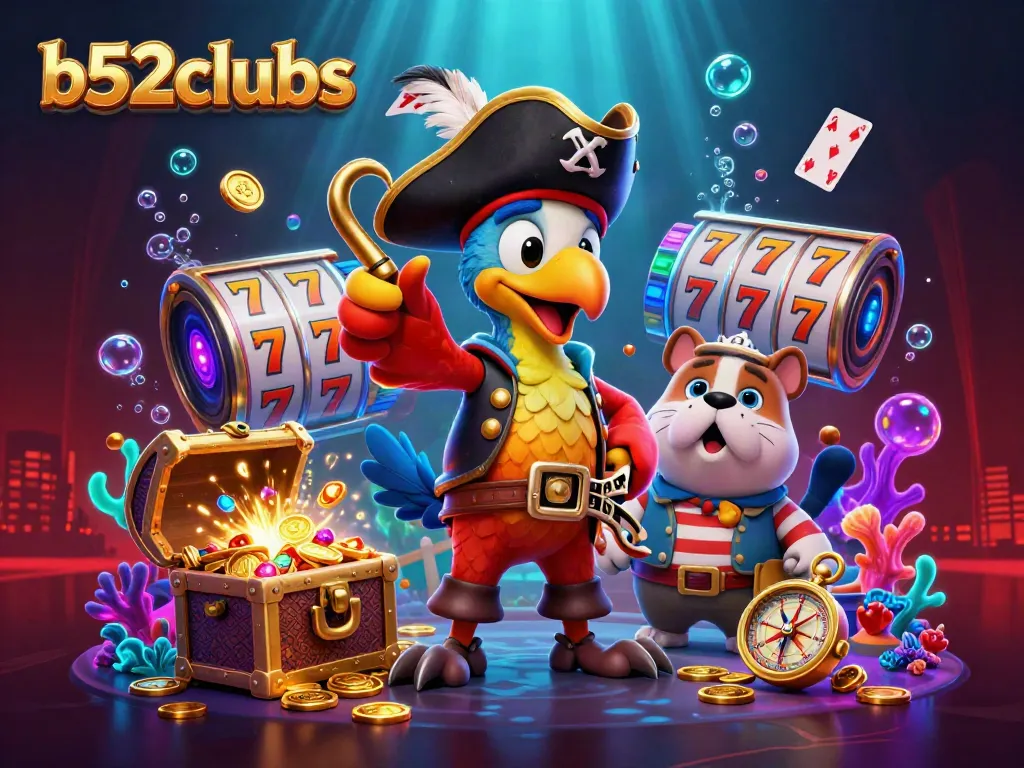 Join the vibrant world of b52clubs with a cartoon pirate crew overseeing a colorful treasure-filled casino adventure.