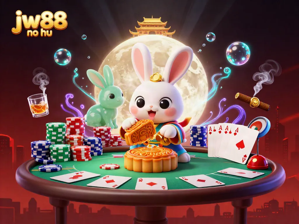 Experience the excitement of jw88 no hu as playful moon rabbits unveil hidden poker treasures under a shimmering moonlit scene.