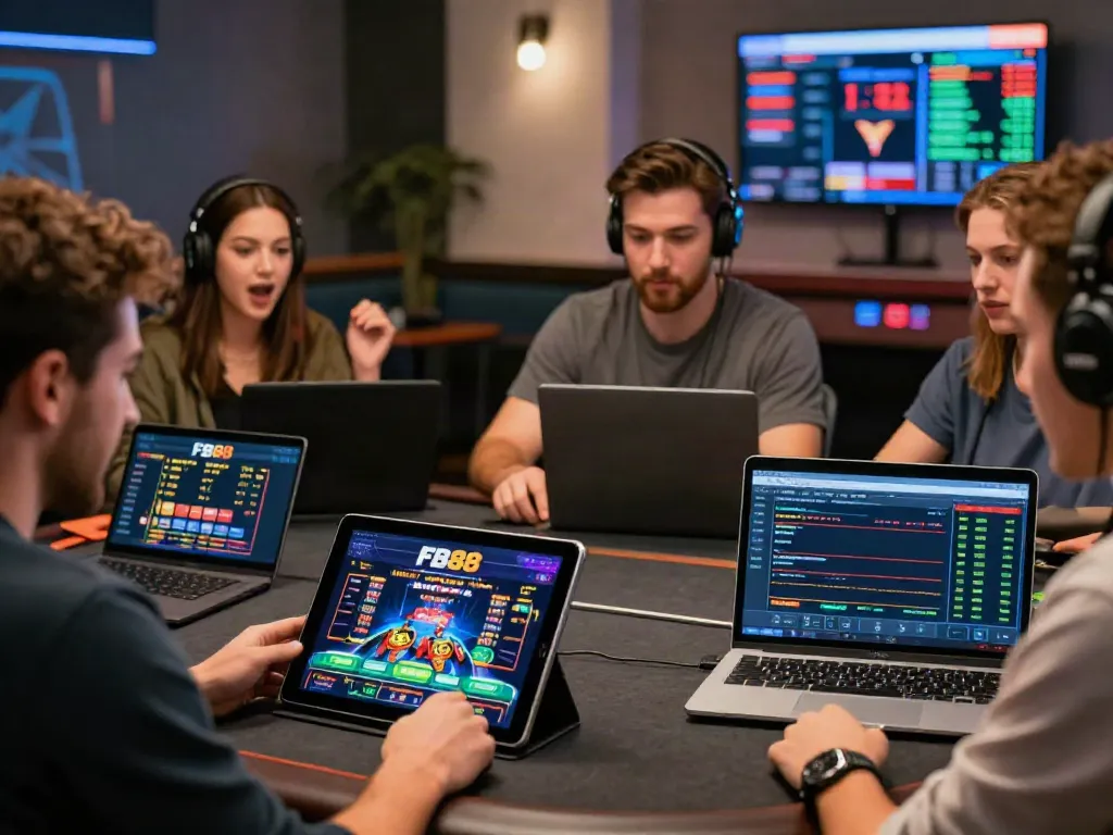 Engaged players enjoying FB88 online gambling on various devices in a vibrant atmosphere.