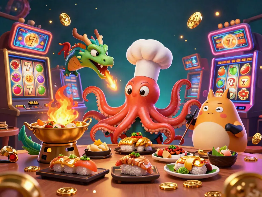 Engaging illustration showcasing NK88 with a sushi chef octopus, a wasabi dragon, and casino elements.