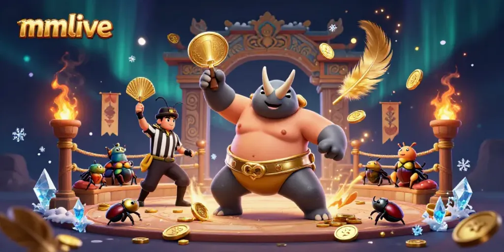 Watch the thrilling mmlive sumo showdown with cartoon beetles amid flying coins and vibrant casino elements.