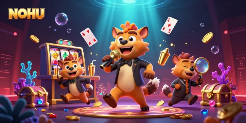 NOHU hyena casino characters entertain and serve drinks, showcasing vibrant gaming elements.