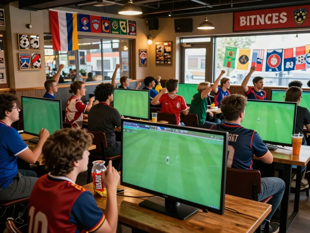 Socolive viewers enjoying a live football match in a vibrant bar atmosphere.