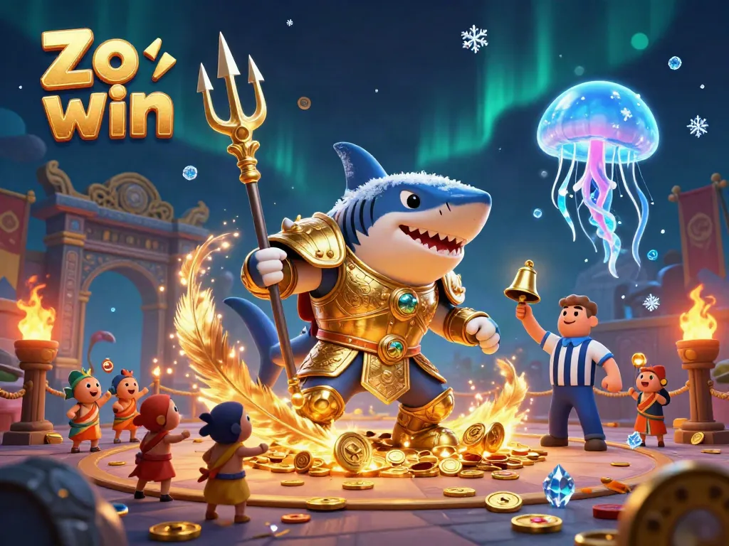 Experience the thrill of Zo win with a 3D scene showcasing an armored shark in a vibrant underwater arena.