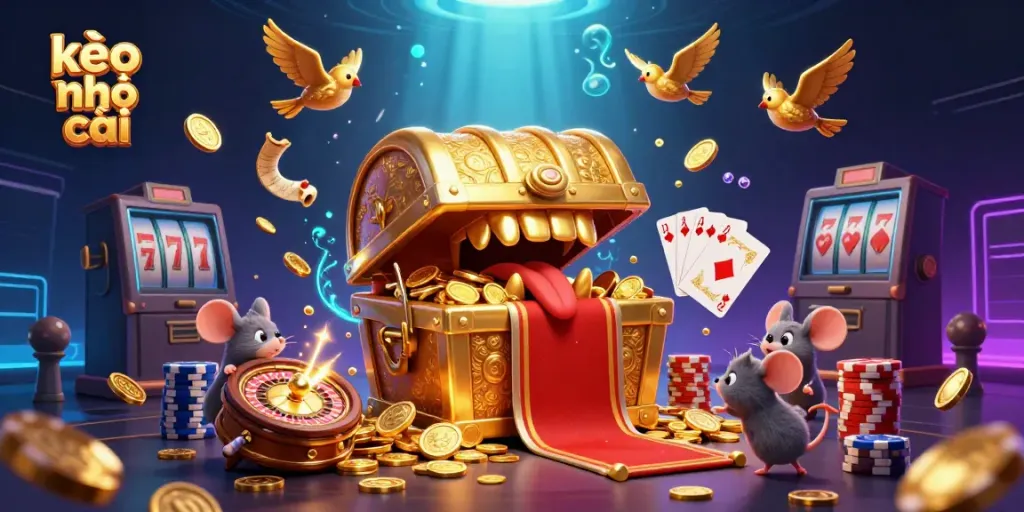 Engage with kèo nhà cái in a vibrant 3D casino scene, featuring golden treasure and dynamic game elements.