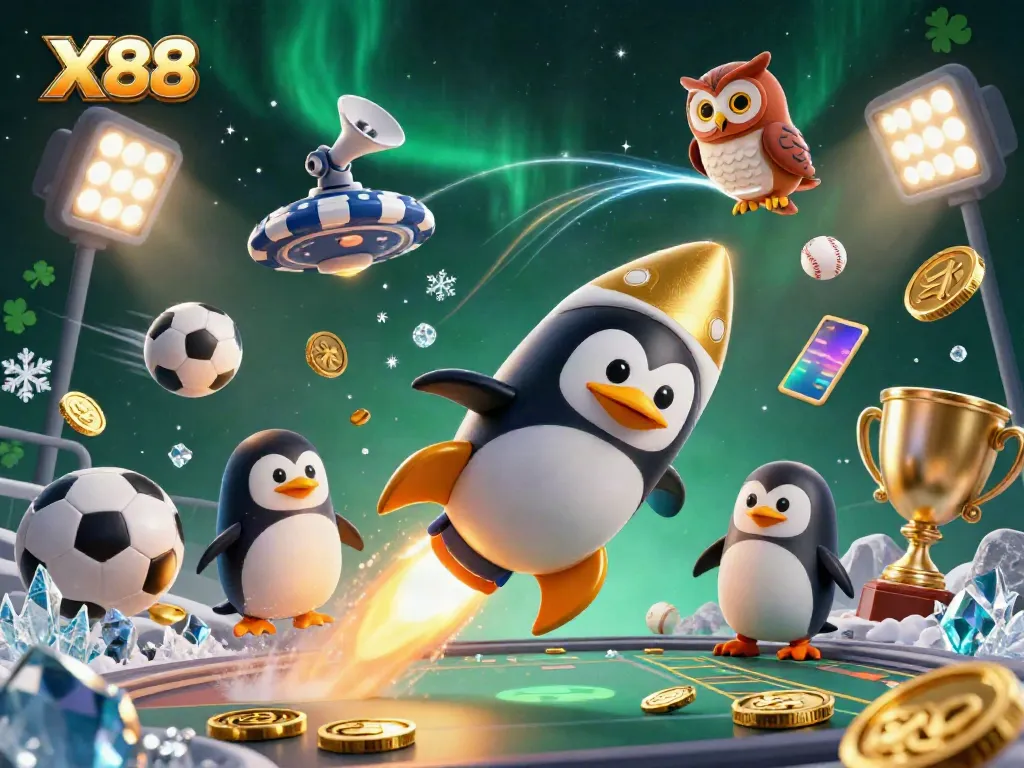 X88 reveals explosive casino adventure with a golden penguin and vibrant sports elements.