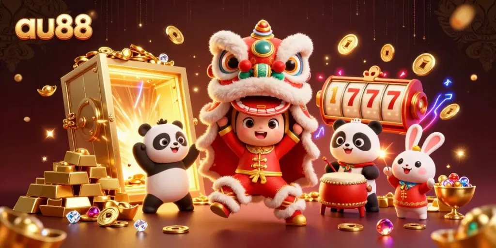 Experience excitement with au88's lively 3D scene of colorful characters celebrating in a vibrant casino.
