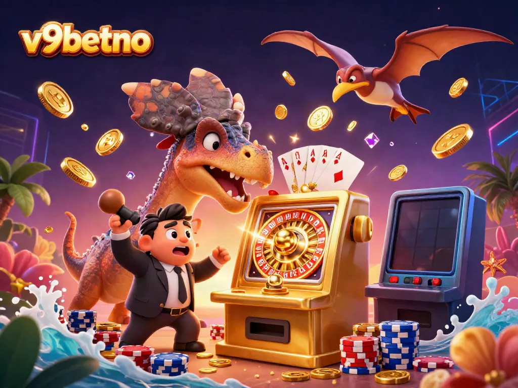 Engaging scene with v9betno gaming elements, featuring a dinosaur winning jackpots and flying coins.