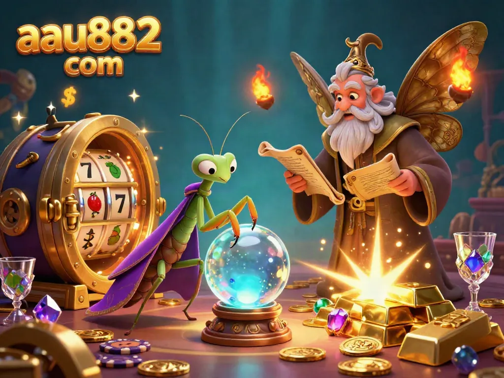 Engage in winning strategies at aau882 com while exploring a cartoon casino scene full of vibrant characters and dazzling gold treasures.