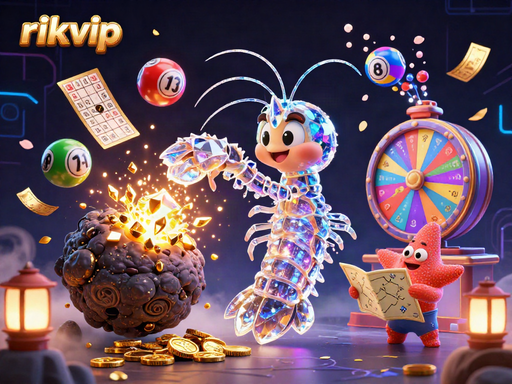 Experience winning at rikvip with a galactic mantis shrimp breaking asteroids for coins in a vibrant casino scene.