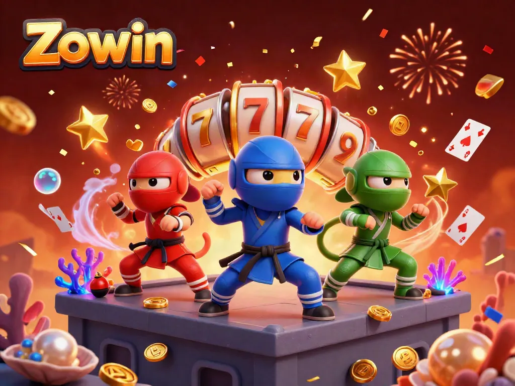 Zowin logo highlights a vibrant scene of chameleon characters engaging in synchronized gambling-themed martial arts.