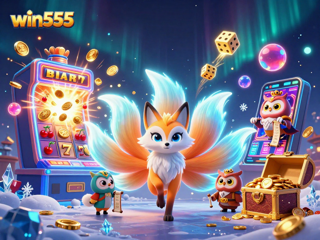 Win555 casino adventure with vibrant characters and dynamic slot machines bursting with rewards.