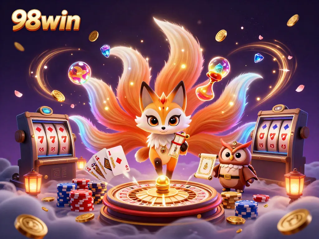 Experience the enchanting world of 98win with a vibrant 3D illustration showcasing thrilling casino elements.