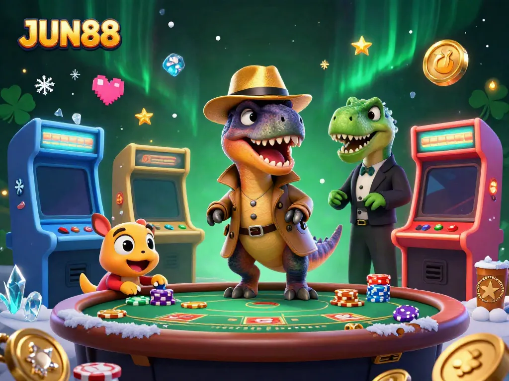 Experience the thrilling world of JUN88 at a blackjack table featuring whimsical characters in a dynamic casino scene.