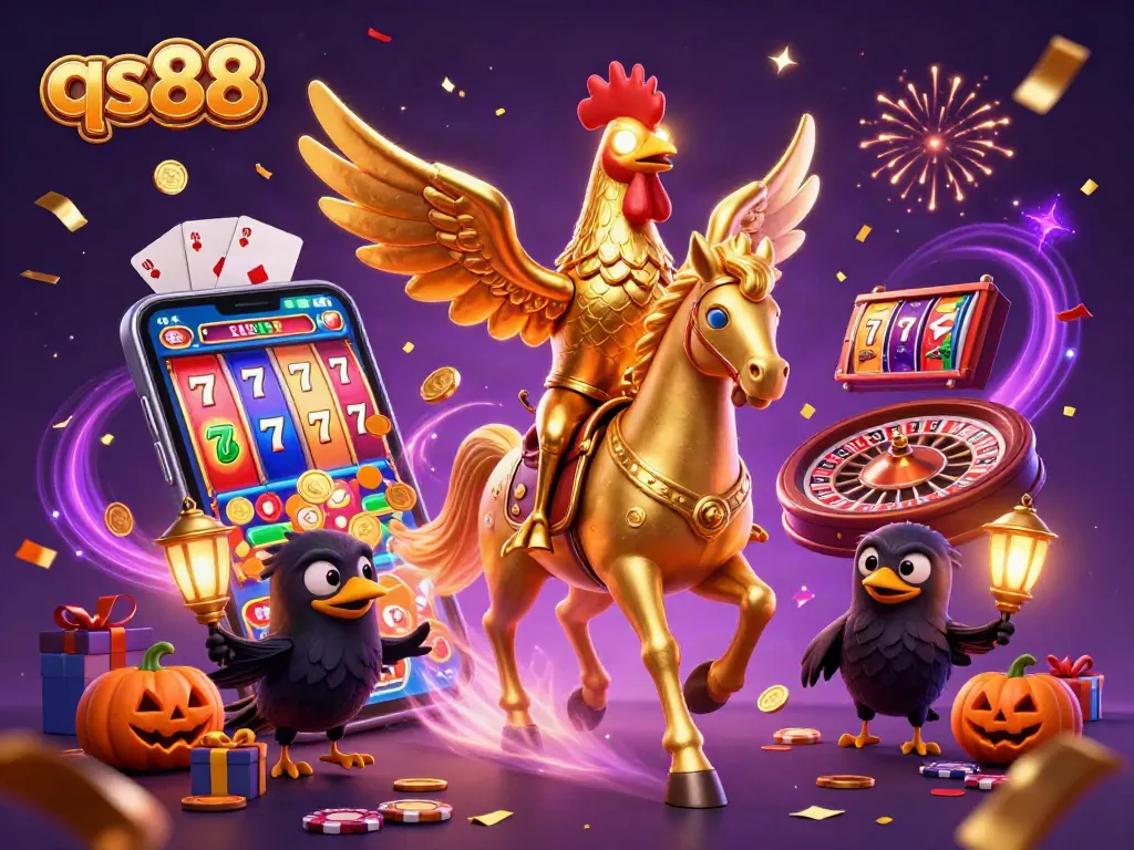 Experience the thrill of qs88 with a vibrant casino scene featuring a golden rooster and dynamic slot games.