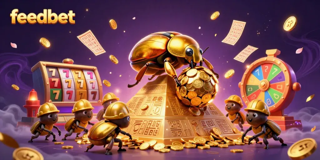 Engaging scene featuring feedbet slots showcasing a golden dung beetle rolling coins with vibrant game elements.