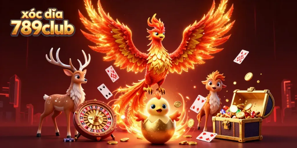 Experience thrilling games with xóc đĩa 789club's dynamic scene featuring vibrant characters and gold treasure.