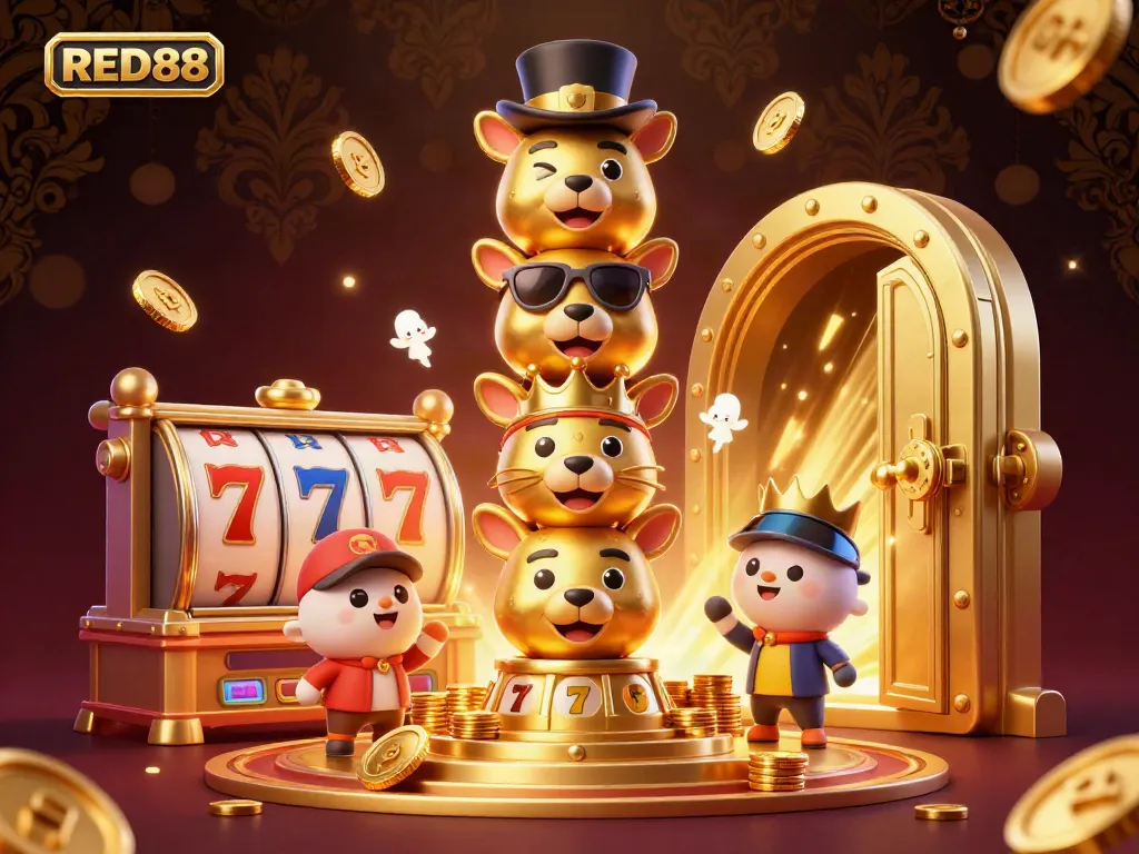 Experience the vibrant energy of RED88 casino with dazzling 3D totem elements and golden treasures.
