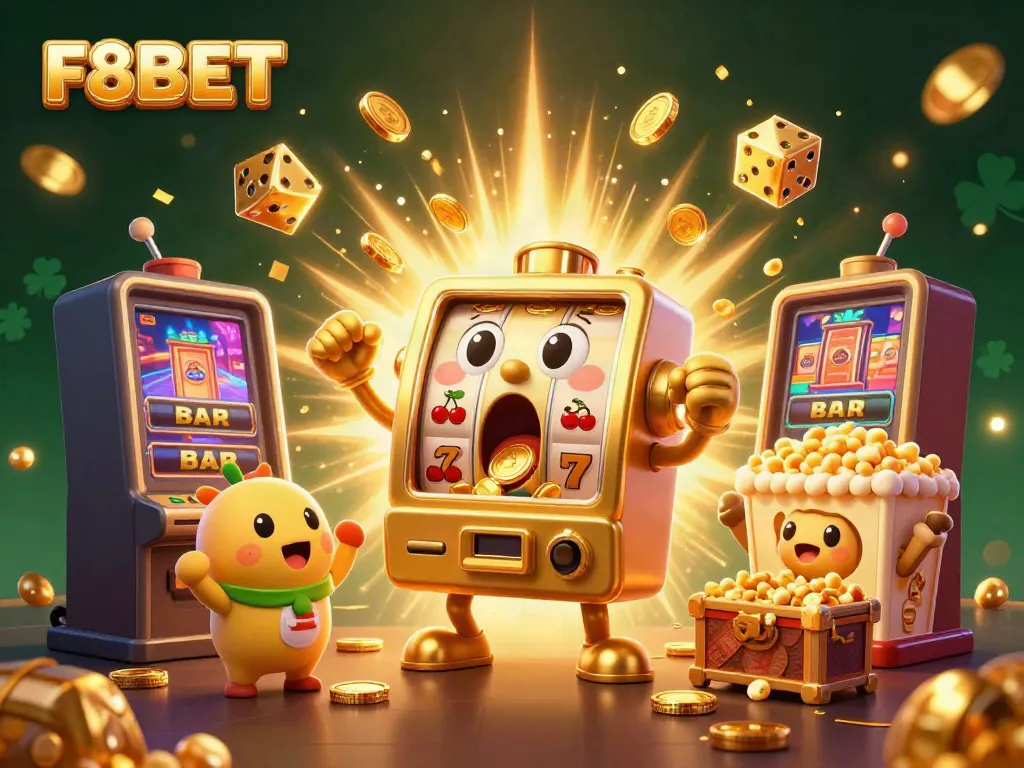 F8BET entertains with golden slot machines celebrating a jackpot win amidst a vibrant casino atmosphere.