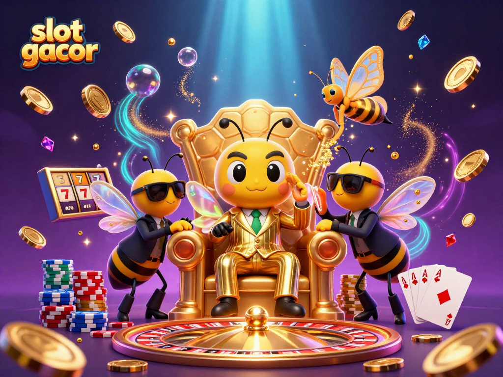 Experience the excitement of slot gacor with a vibrant bumblebee mob boss surrounded by casino elements.