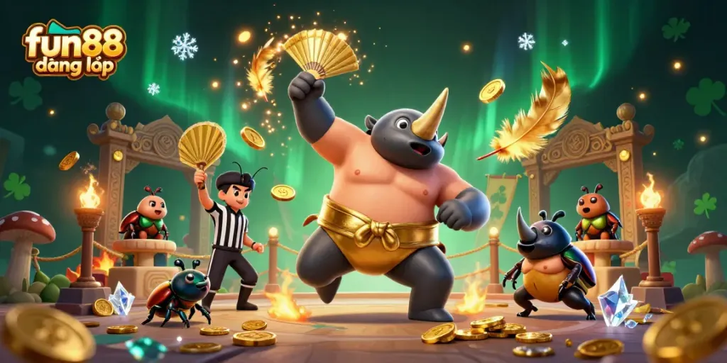 Experience fun88 đăng nhập with a vibrant casino scene featuring beetles celebrating a big win.