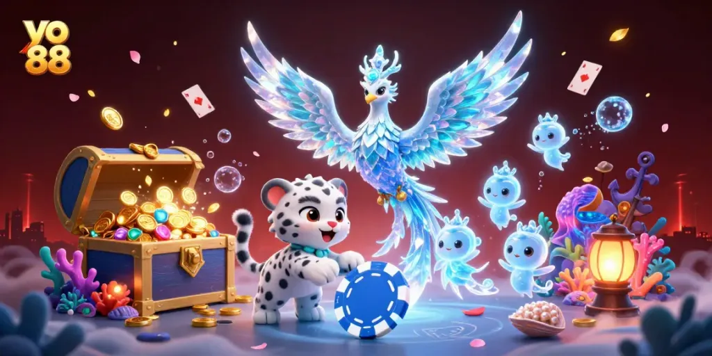 Experience thrilling wins with yo 88 in this vibrant 3D casino illustration showcasing exciting characters and elements.