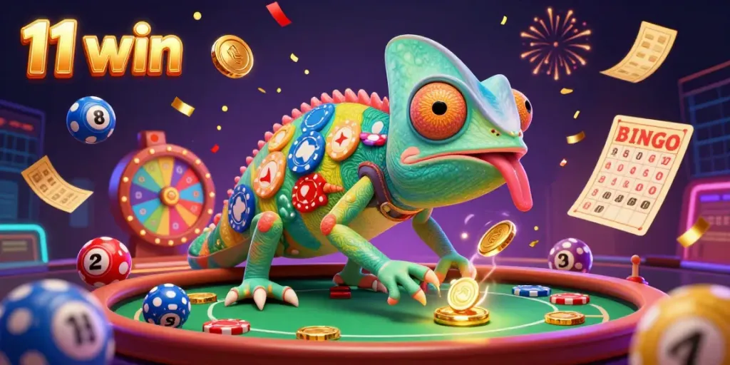 Engage in the 11 win experience with dynamic casino action illustrated by a colorful chameleon and vibrant games.