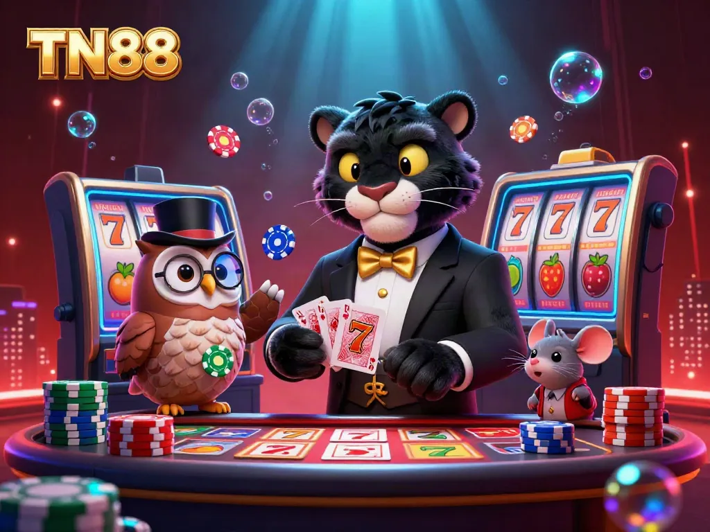 Experience the excitement of TN88 as a stylish panther deals cards in a vibrant casino scene filled with dynamic elements.