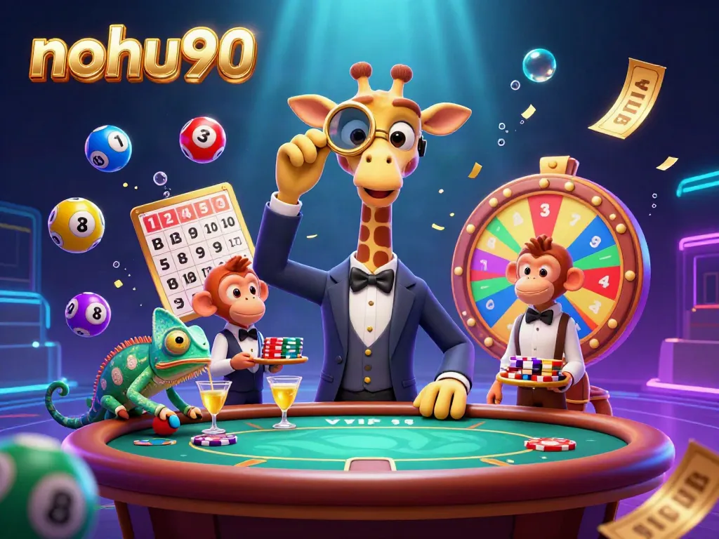 Engaging action scene at nohu90 casino with a high-roller giraffe and friends amid vibrant gaming elements.