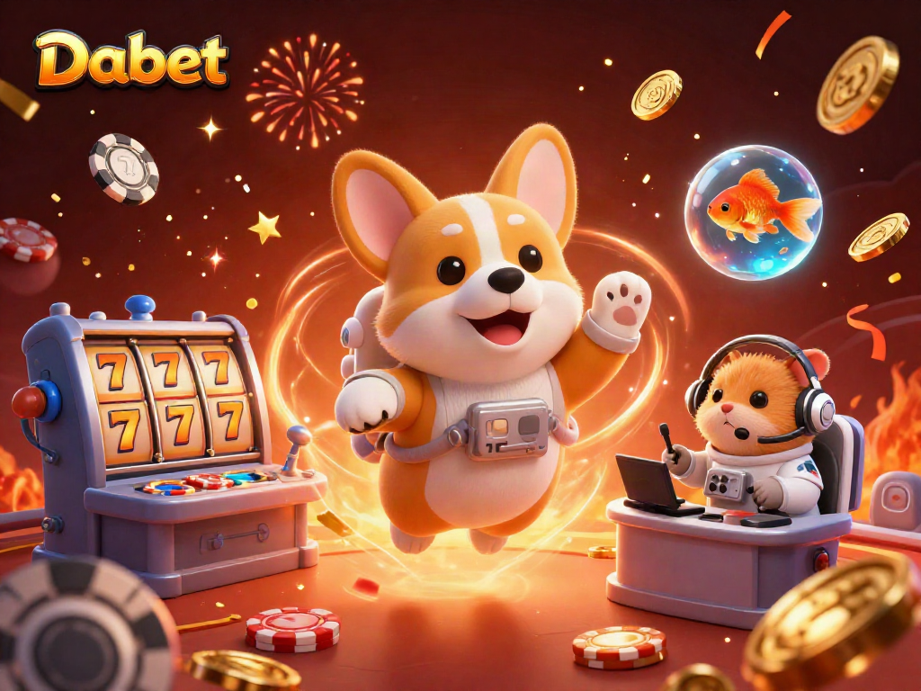 Dabet features a thrilling casino scene with floating poker chips, slots, and vibrant confetti.