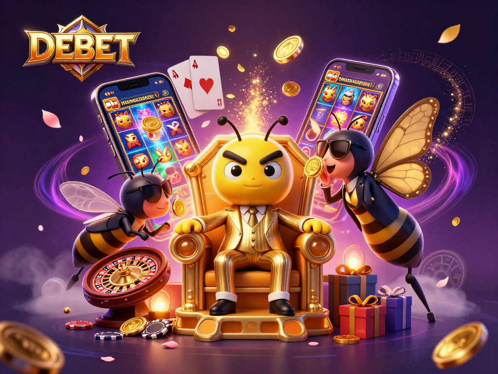 Engaging DEBET gaming scene with a bumblebee mob boss surrounded by thrilling casino elements and dynamic visuals.